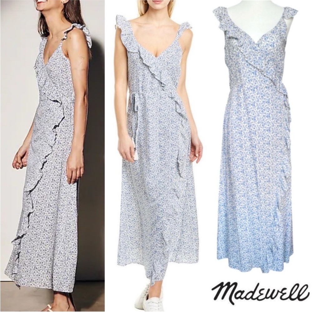 Madewell Ruffles Blue/White Americana Faux Wrap‎ Maxi Dress Size 0